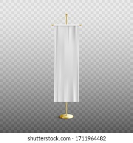 White vertical pennant or banner on stand pin realistic mockup or template vector illustration isolated on transparent background. Advertising or exhibition signboard.