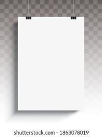 White vertical poster, hanging on the black paper clips, isolated on a transparent background. Realistic vector poster mockup, with blank space, for art, image, or text placement. Poster eps template.