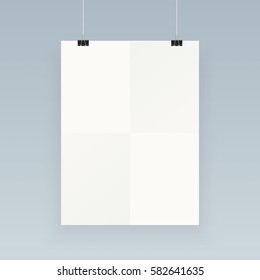 White vertical poster template hanging on clips, isolated on background. Poster realistic mokcup.