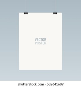 White vertical poster template hanging on clips, isolated on background. Poster realistic mokcup.