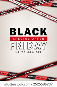 White vertical shopping banner with discount ribbons and text Black Friday Special offer. Social media post template, advertisement design with barricade tapes, stripes - Big Sale hot deal, best price