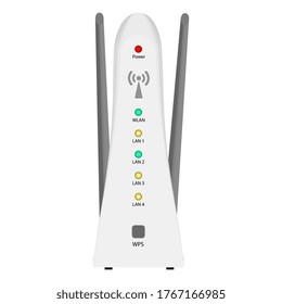 Enrutador Wi-Fi vertical blanco con dos antenas aisladas en blanco. LEDs en diferentes colores y un botón WPS para configurar la conexión. EPS vectorial 10.