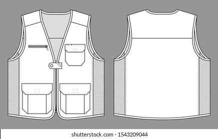 White Vest With Mesh In Side And Multi Pockets Design Vector.Front and Back View.