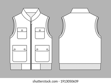 White Vest With Multiple Pockets Template on Gray Background.
Front and Back View, Vector View.