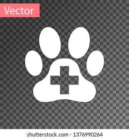 White Veterinary clinic symbol icon isolated on transparent background. Cross hospital sign. A stylized paw print dog or cat. Pet First Aid sign. Vector Illustration