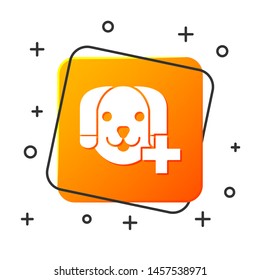 White Veterinary clinic symbol icon isolated on white background. Cross with dog veterinary care. Pet First Aid sign. Orange square button. Vector Illustration