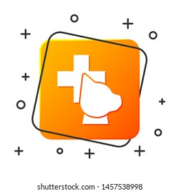 White Veterinary clinic symbol icon isolated on white background. Cross with dog veterinary care. Pet First Aid sign. Orange square button. Vector Illustration