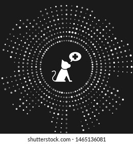 White Veterinary clinic symbol icon isolated on grey background. Cross with cat veterinary care. Pet First Aid sign. Abstract circle random dots. Vector Illustration