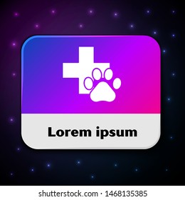 White Veterinary clinic symbol icon isolated on black background. Cross hospital sign. A stylized paw print dog or cat. Pet First Aid sign. Rectangle color button. Vector Illustration