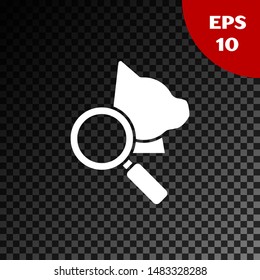 White Veterinary clinic symbol icon isolated on transparent dark background. Magnifying glass with cat veterinary care. Pet First Aid sign.  Vector Illustration