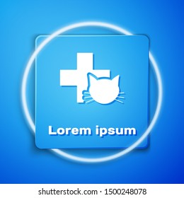 White Veterinary clinic symbol icon isolated on blue background. Cross with cat veterinary care. Pet First Aid sign. Blue square button. Vector Illustration