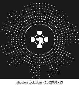 White Veterinary clinic symbol icon isolated on grey background. Cross with dog veterinary care. Pet First Aid sign. Abstract circle random dots. Vector Illustration