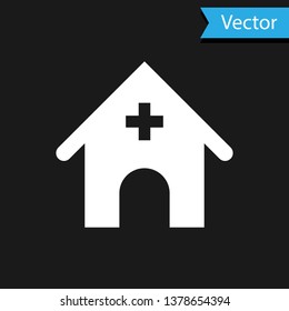White Veterinary medicine hospital, clinic or pet shop for animals icon isolated on black background. Vet or veterinarian clinic. Vector Illustration