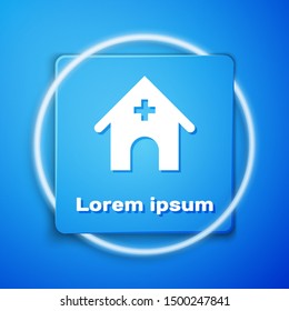 White Veterinary medicine hospital, clinic or pet shop for animals icon isolated on blue background. Vet or veterinarian clinic. Blue square button. Vector Illustration