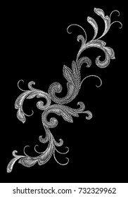 White Victorian Embroidery Floral Ornament. Stitch Texture Fashion Print Patch Flower Baroque Design Element Vector Illustration