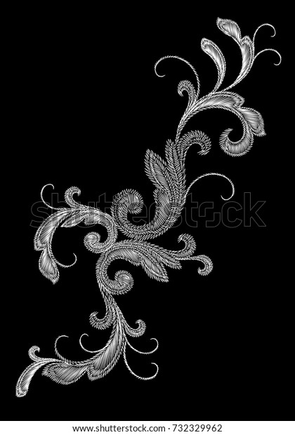 白いビクトリア朝の刺繍花柄の飾り ステッチテクスチャーファッションプリントパッチフラワーバロックデザインエレメントベクターイラスト のベクター画像素材 ロイヤリティフリー