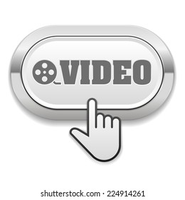 White video button with metallic border on white background