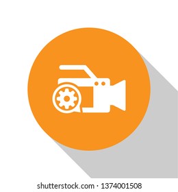 White Video camera and gear icon isolated on white background. Adjusting app, service concept, setting options, maintenance, repair, fixing. Orange circle button. Vector Illustration