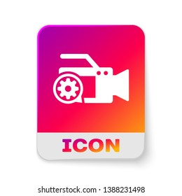 White Video camera and gear icon isolated on white background. Adjusting app, service concept, setting options, maintenance, repair, fixing. Rectangle color button. Vector Illustration