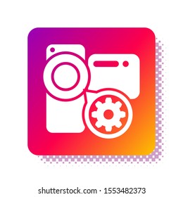 White Video camera and gear icon isolated on white background. Adjusting app, service concept, setting options, maintenance, repair, fixing. Square color button. Vector Illustration