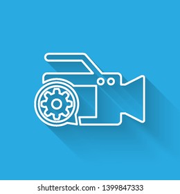 White Video camera and gear line icon isolated with long shadow. Adjusting app, service concept, setting options, maintenance, repair, fixing. Vector Illustration