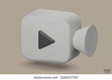 Icono de cámara de vídeo blanca aislado en segundo plano. 3d Icono de película realista, botón de reproducción para la interfaz de aplicaciones y páginas web. Video, streaming, concepto multimedia. Ilustración vectorial 3D.