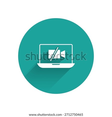 White Video camera Off on laptop screen icon isolated with long shadow. No video. Green circle button. Vector