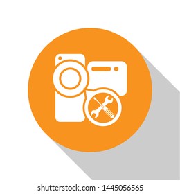 White Video camera with screwdriver and wrench icon isolated on white background. Adjusting, service, setting, maintenance, repair, fixing. Orange circle button. Vector Illustration