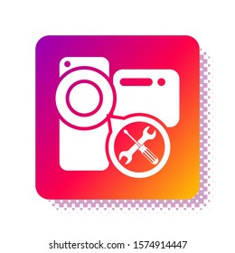 White Video camera with screwdriver and wrench icon isolated on white background. Adjusting, service, setting, maintenance, repair, fixing. Square color button. Vector Illustration
