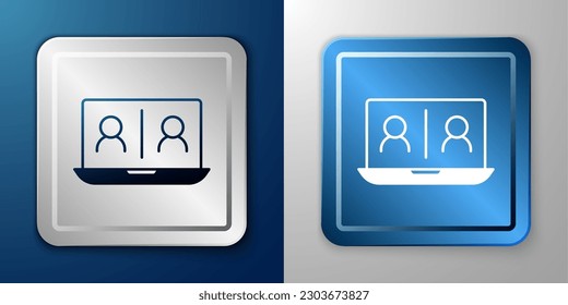White Video chat conference icon isolated on blue and grey background. Online meeting work form home. Remote project management. Silver and blue square button. Vector