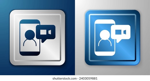 White Video chat conference icon isolated on blue and grey background. Online meeting work form home. Remote project management. Silver and blue square button. Vector