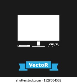 White Video game console icon isolated on black background. Game console with joystick and lcd television.  Vector Illustration