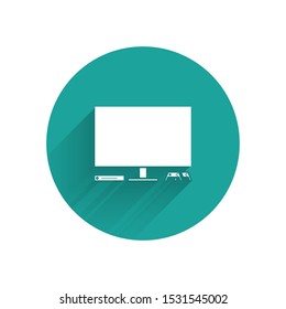 White Video game console icon isolated with long shadow. Game console with joystick and lcd television. Green circle button. Vector Illustration