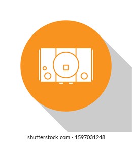 White Video game console icon isolated on white background. Orange circle button. Vector Illustration