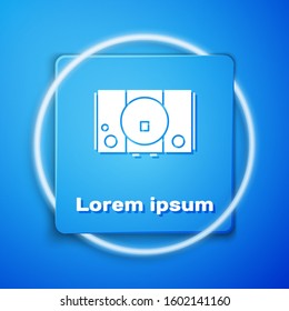 White Video game console icon isolated on blue background. Blue square button. Vector Illustration