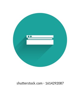 White Video game console icon isolated with long shadow. Green circle button. Vector Illustration