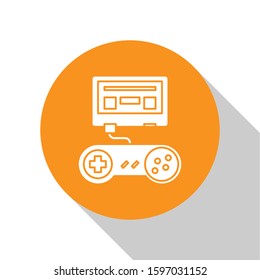 White Video game console with joystick icon isolated on white background. Orange circle button. Vector Illustration