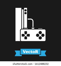 White Video game console with joystick icon isolated on black background.  Vector Illustration