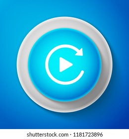 White Video play button like simple replay icon isolated on blue background. Circle blue button with white line. Vector Illustration