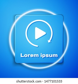 White Video play button like simple replay icon isolated on blue background. Blue square button. Vector Illustration