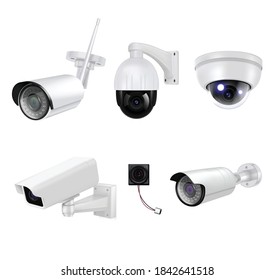 White video surveillance security cameras isolated and realistic icon set for different purposes vector illustration 