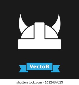 White Viking in horned helmet icon isolated on black background.  Vector Illustration