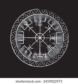 White viking mythology symbol Vegvisir with different Futhark runes and circle pattern isolated on black background. Forest silhouette inside