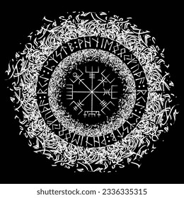 White viking Vegvisir symbol with runes and abstract circle pattern. Scandinavian mythology sighs isolated on black background