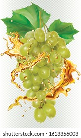 White vine grapes in burst splashes of juices on a transparent background. Vector mesh illustration