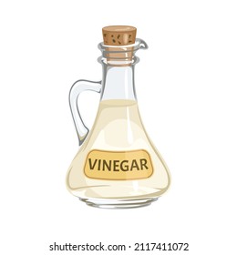 White Vinegar In Glass Bottle Isolated On White Background. Vector Cartoon Flat Illustration.