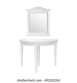 white vintage accent wooden console half moon foyer end table with wall rectangle mirror isolated on white background. vector illustration