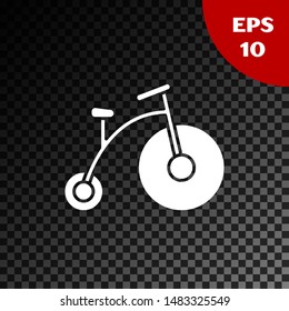 White Vintage bicycle with one big wheel and one small icon isolated on transparent dark background. Bike public transportation sign.  Vector Illustration