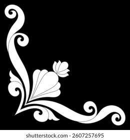 White vintage corner on black background for card decoration, flower corner