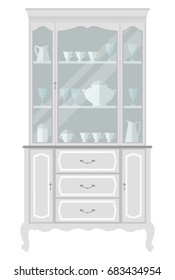 White vintage cupboard furniture with kitchenware. Isolated on white background. Flat design illustration.